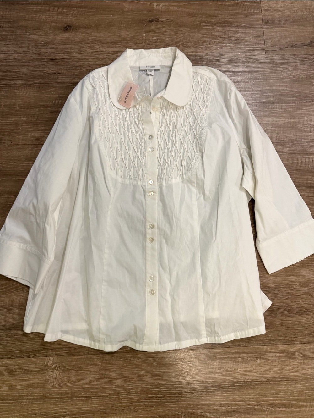 dressbarn White Smocked-Front Collared Blouse
